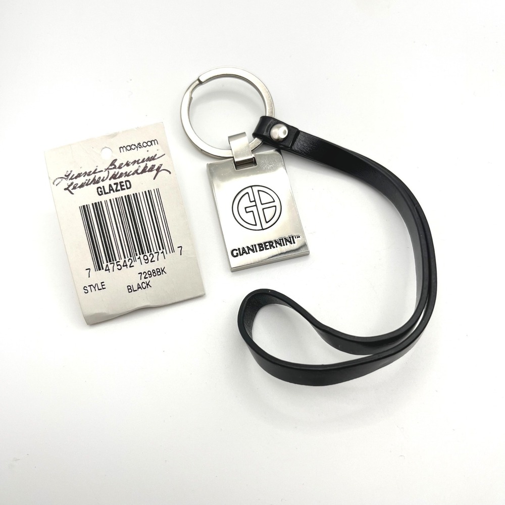 Giani Bernini‎ Black Glazed Leather Silver Tone Logo Keychain Wristlet 7298BK